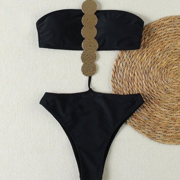 Black Once piece womens swimsuit vacation beach - Picture 3 of 5